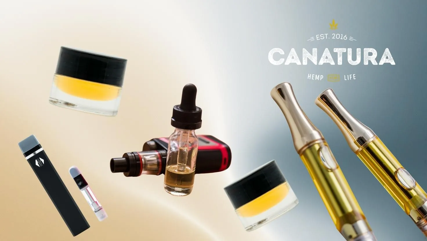 Various HCT products such as HCT distillate, cartridges and vape pens, complete with Canatura logo
