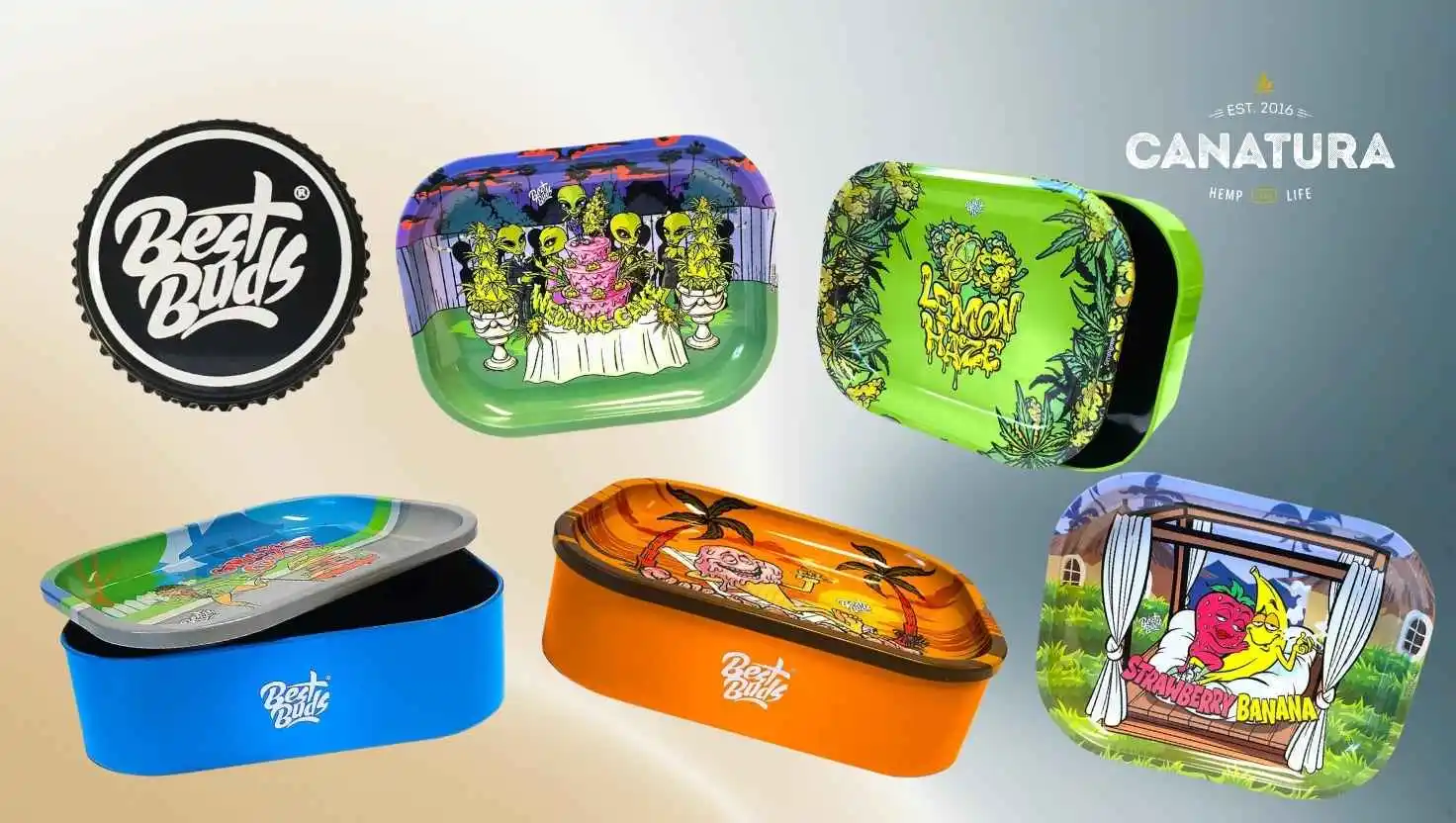 Best Buds logo and stylish Best Buds rolling trays in various designs, Canatura Wholesale logo in the upper right corner