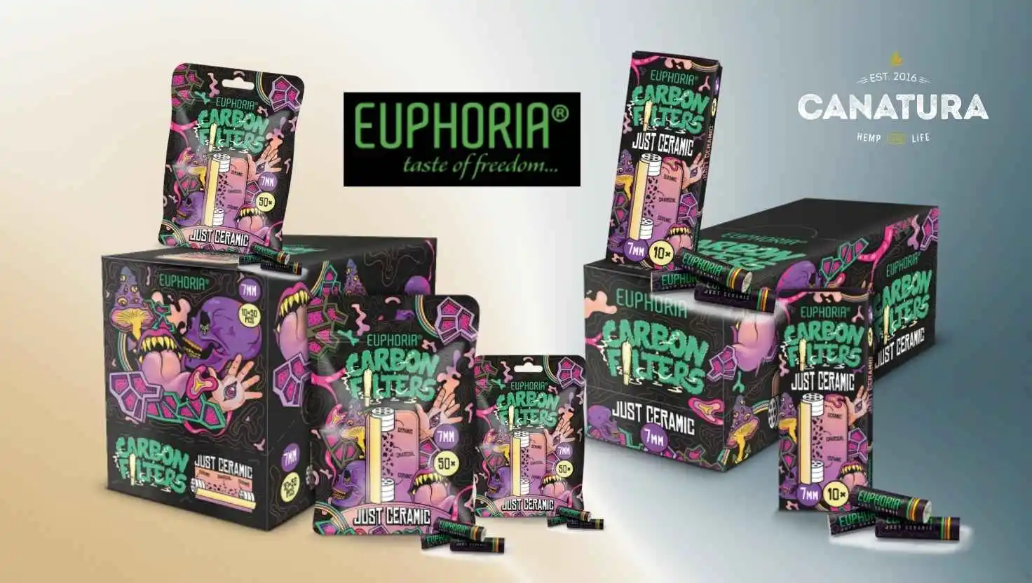 Euphoria ceramic carbon filters and Euphoria logo, Canatura Wholesale logo in the top right corner