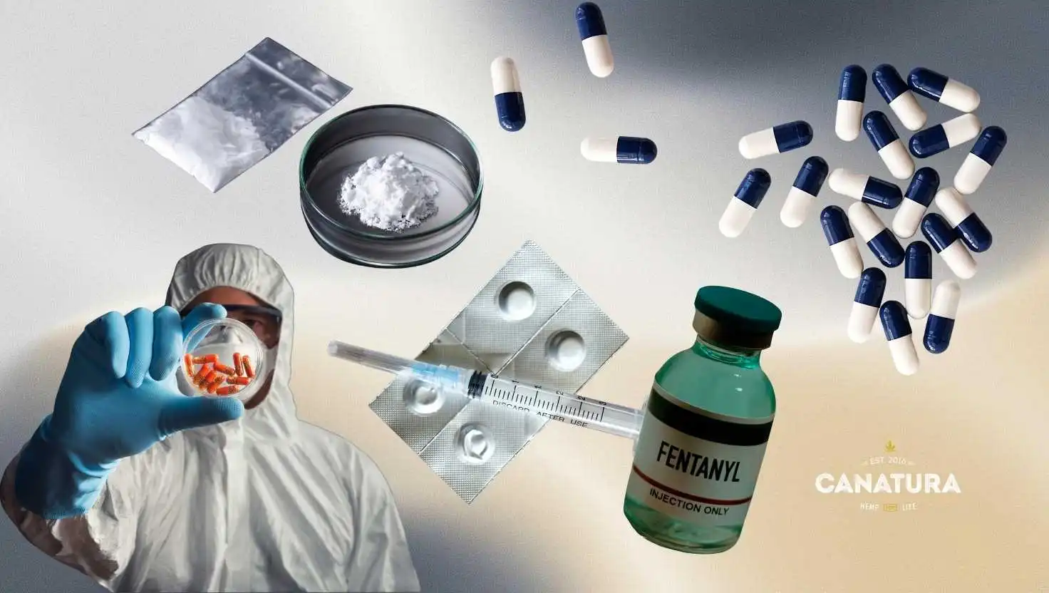 Synthetic drugs – capsules, pills, syringes, fentanyl, and a lab technician with pills, Canatura logo on the right