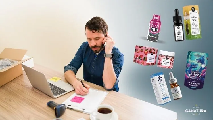 Selecting a CBD supplier – the retailer reviews the wholesale offer, on the right various CBD products such as oils, drinks, gummies, and flowers, bottom right the Canatura Wholesale logo