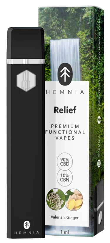 Hemnia Premium Functional Vape Pen Relief - 90 % CBD, 10 % CBN, valerian, ginger, 1 ml