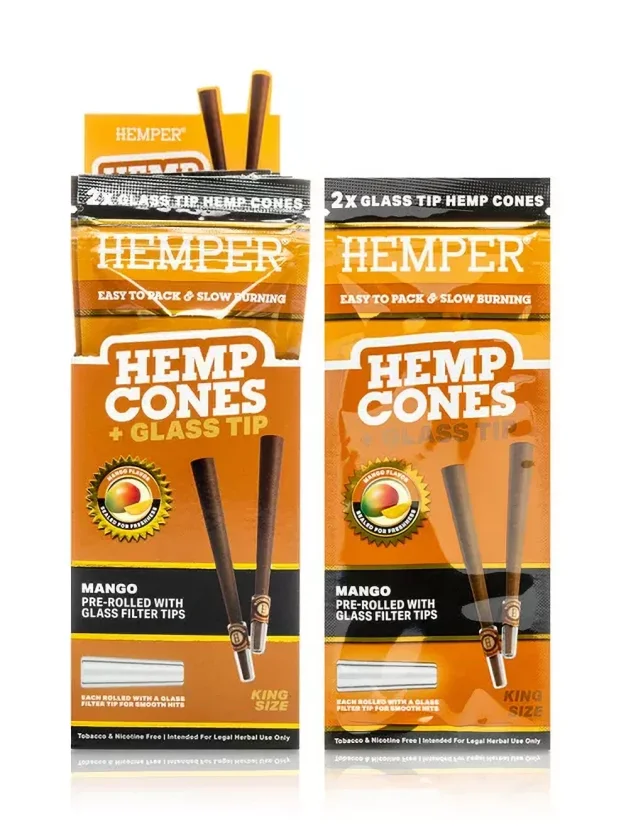 HEMPER King Size Cones + Glass Tip 2pk Mango, Display box 12 pcs