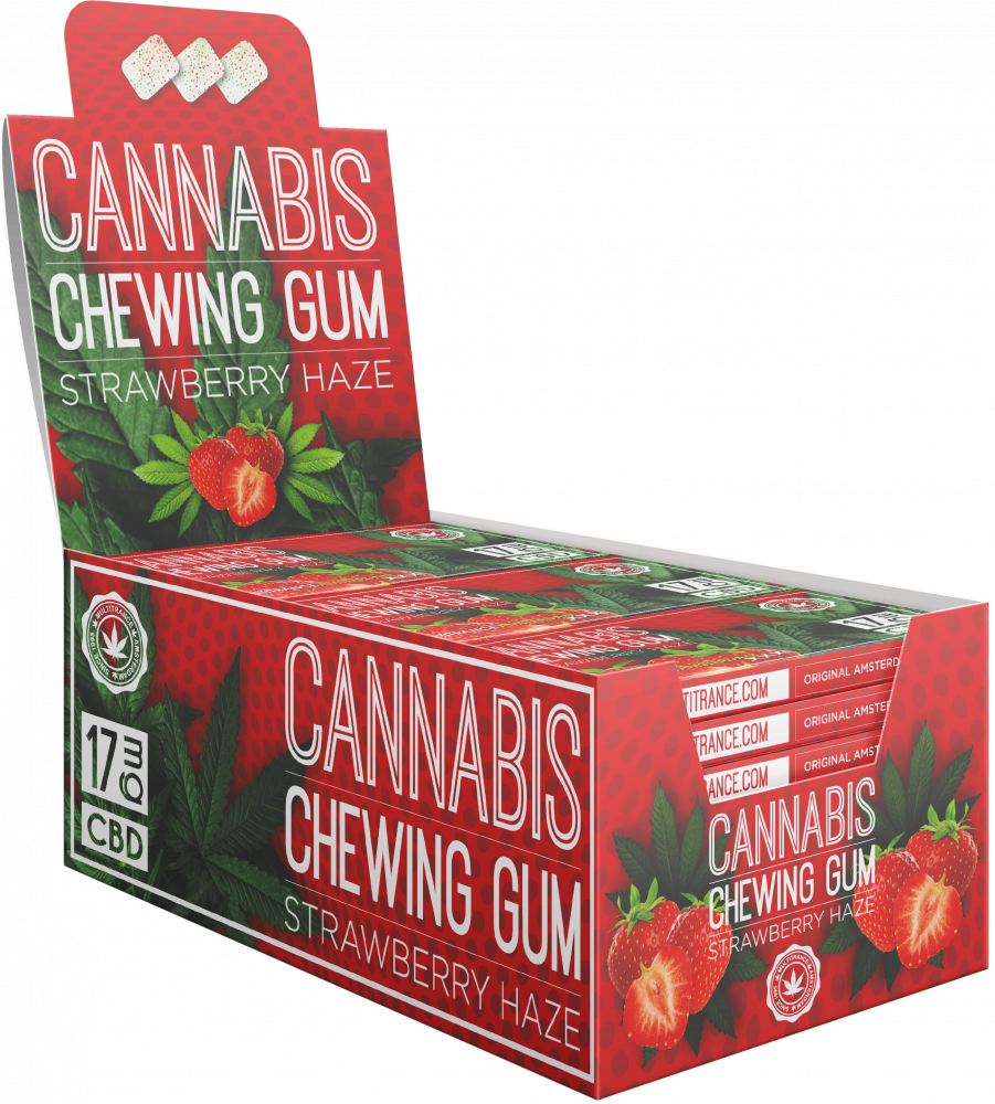 Cannabis Strawberry Chewing Gum (17 mg CBD), 24 boîtes en présentoir, 408 g