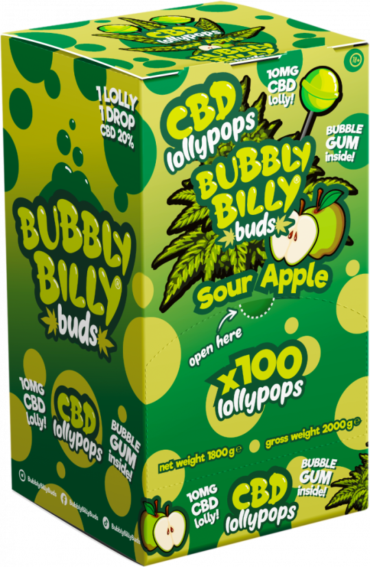 Bubbly Billy Buds 10 mg CBD skābās ābolu konfektes ar burbuļvannu iekšpusē — displeja konteiners (100 konfektes), 1800 g