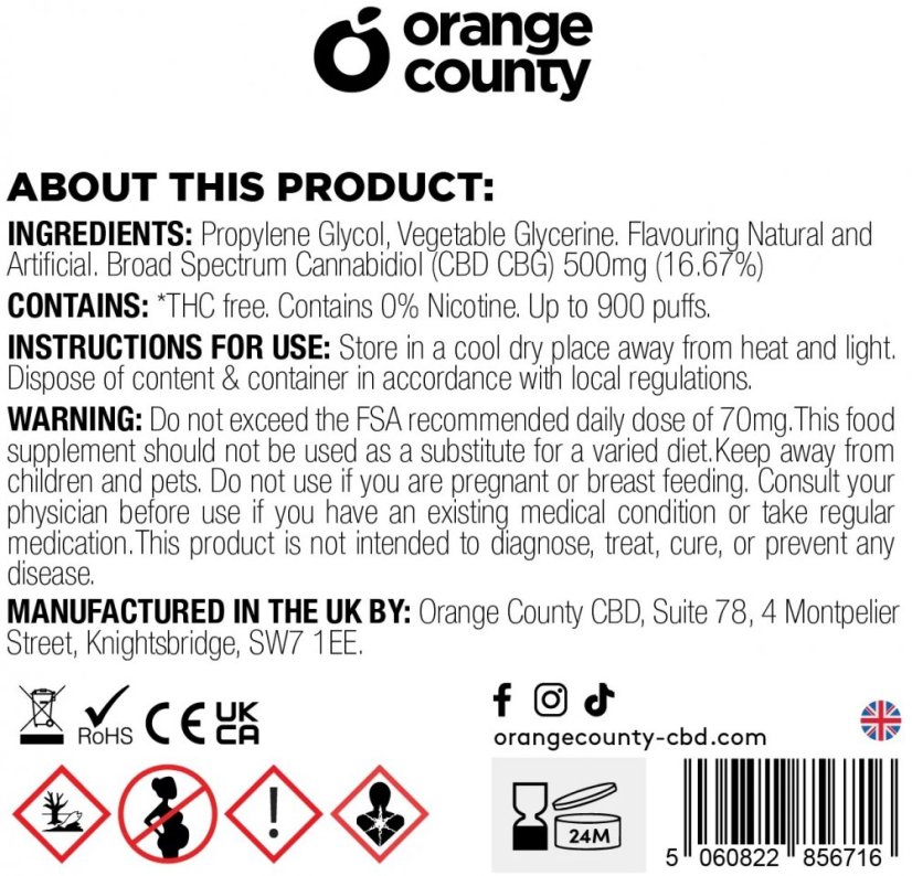 Orange County CBD Vape Pen Kiwi & Strawberries, 250mg CBD + 250mg CBG, 3 ml, ( 10pcs / displey )