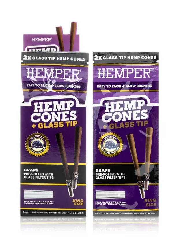 HEMPER King Size Cones + Glass Tip 2pk Grape, Display box 12 pcs