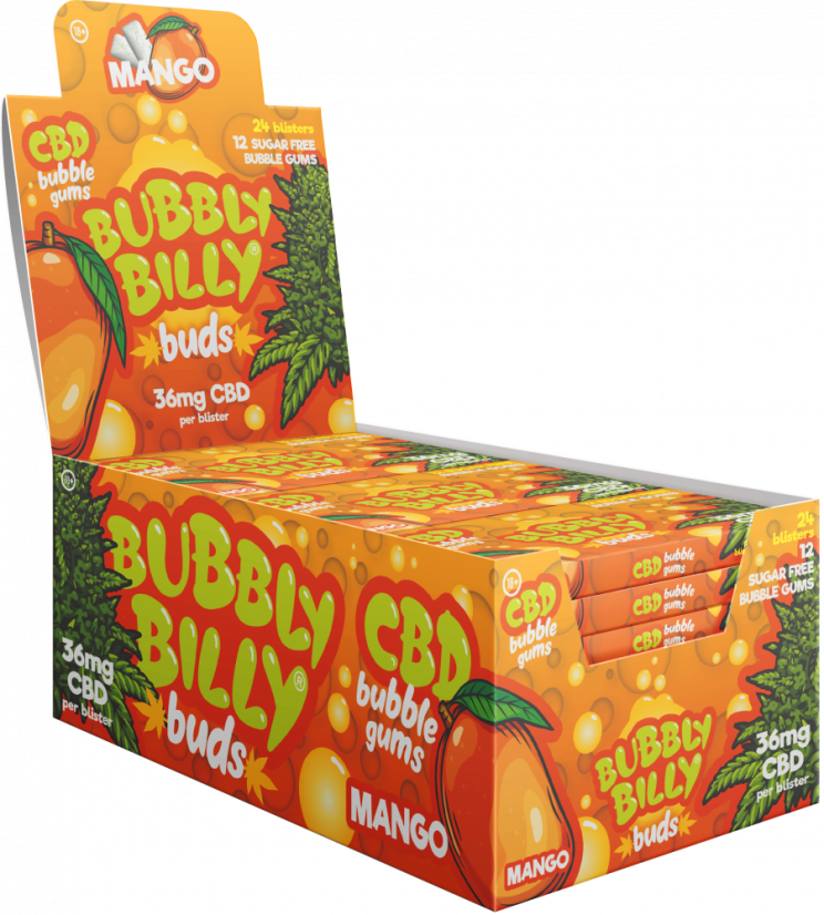 Bubbly Billy Buds košļājamā gumija ar mango garšu (36 mg CBD), 24 kastītes displejā, 408 g