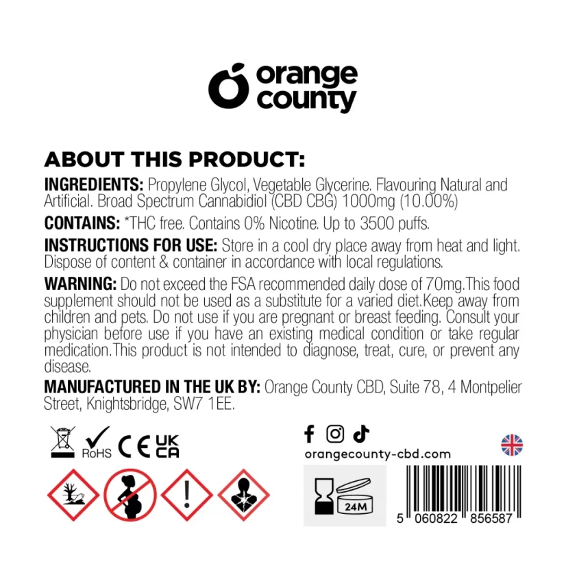 Orange County CBD Vape pen Miami Blueberry 3500 Puff, 600 mg CBD, 400 mg CBG, 10 ml