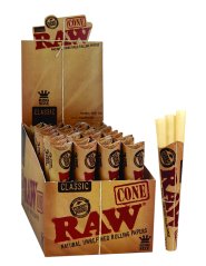RAW forpakkaðar klassískar óbleiktar Kingsize keilur 3 stk, 32 pakkar í kassa