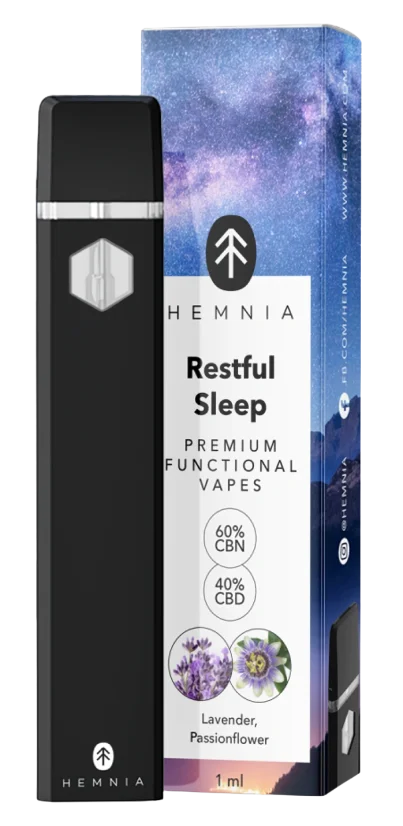 Hemnia Premium Functional Vape Pen Restful Sleep – 40 % CBD, 60 % CBN, laventeli, passionkukka, 1 ml