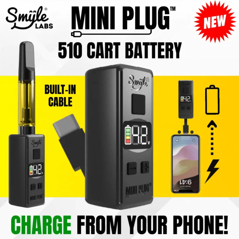 Smyle Labs Mini Plug 510 Cart Battery with Built-in USB-C Cable, Adjustable Voltage, LED Display - random colour, Display box 20 pcs