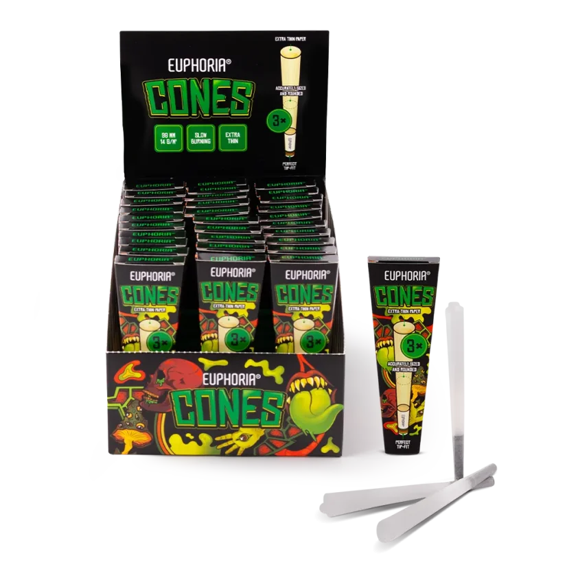 Euphoria Kingsize Slim konusi + filtri, 3 gab., 30 gab., displejs
