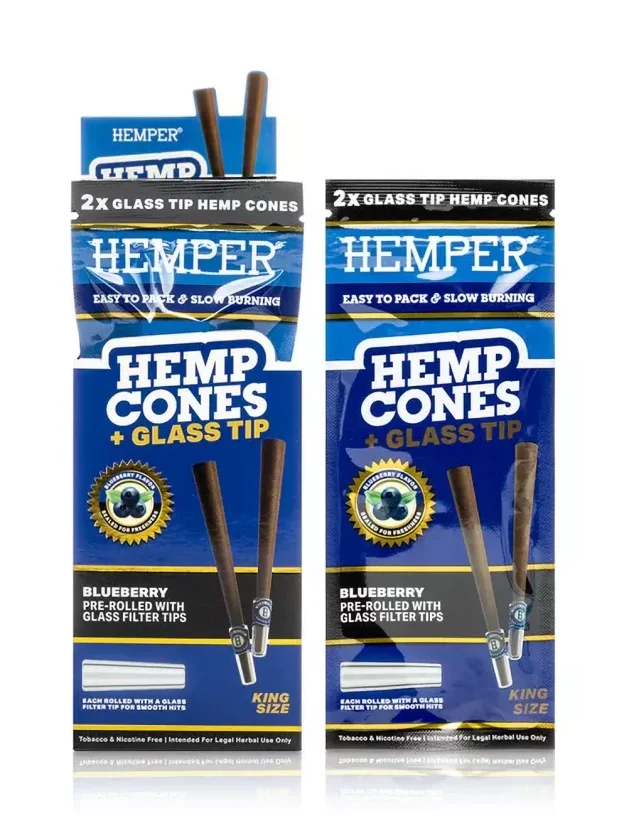 HEMPER King Size konusi + stikla uzgalis 2gb Blueberry, Display box 12 gab.