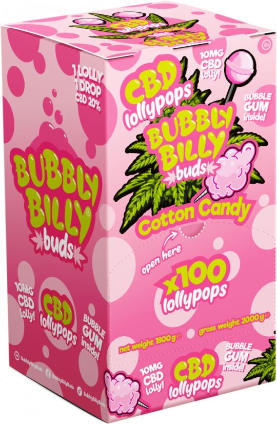 Bubbly Billy Buds 10 mg CBD kokvilnas konfekšu konfektes ar burbuļvannu iekšpusē – displeja konteiners (100 konfektes), 1800 g