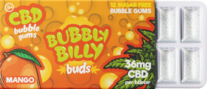 Bubbly Billy Buds košļājamā gumija ar mango garšu (36 mg CBD), 24 kastītes displejā, 408 g