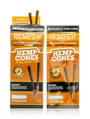 HEMPER King Size Cones + Glass Tip 2pk Mango, Display box 12 pcs