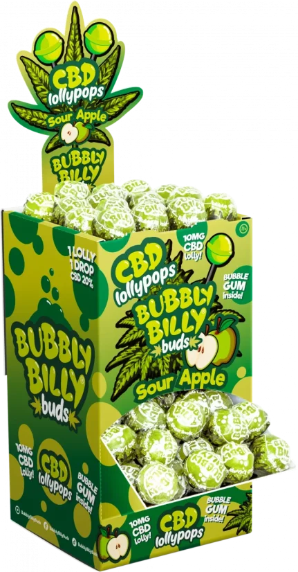 Bubbly Billy Buds 10 mg CBD skābās ābolu konfektes ar burbuļvannu iekšpusē — displeja konteiners (100 konfektes), 1800 g