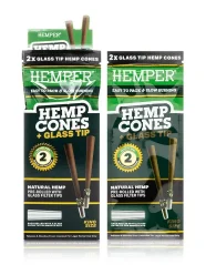 HEMPER King Size Cones + Glass Tip 2pk Natural, Display box 12 pcs