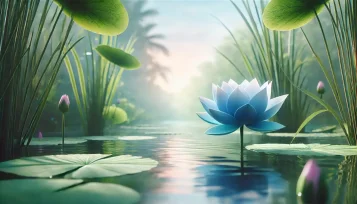 Il loto blu sul lago, a destra, e a sinistra una foglia di ninfea.