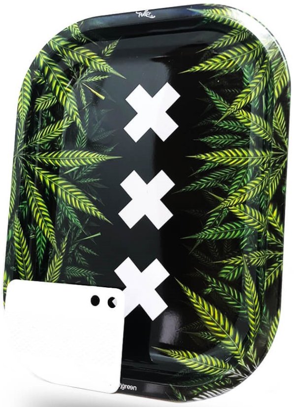 Best Buds XXX Amsterdam Small Metal Rolling Tray with Magnetic Grinder Card