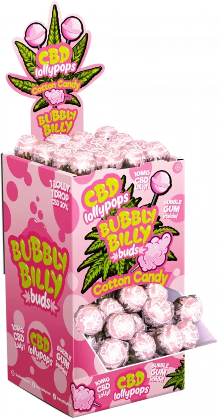Bubbly Billy Buds 10 mg CBD kokvilnas konfekšu konfektes ar burbuļvannu iekšpusē – displeja konteiners (100 konfektes), 1800 g