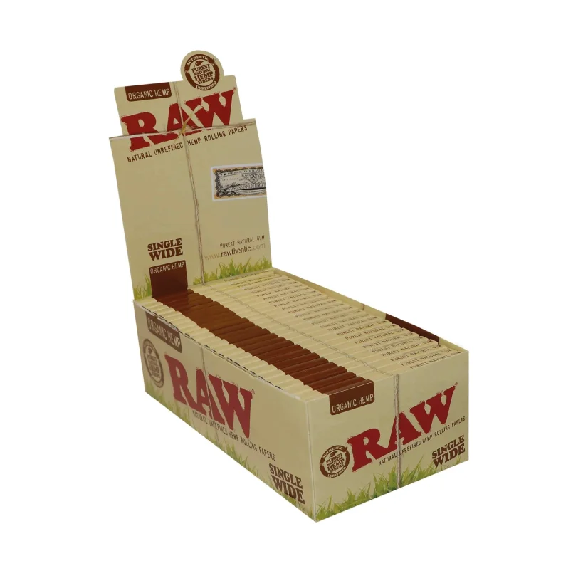 RAW Organic Hemp Single Wide Rolling Papers - natural unrefined rolling papers, 50 sheets/pack, 50 packs/Display Box