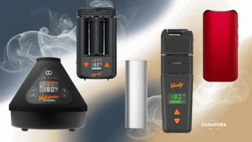 5 parasta yrttivaporisaattoria: Volcano-vaporisaattori, Venty-vaporisaattori, DaVinci-vaporisaattori, PAX Mini -vaporisaattori, Mighty-vaporisaattori; CanaturaWholesale-logo oikeassa alakulmassa