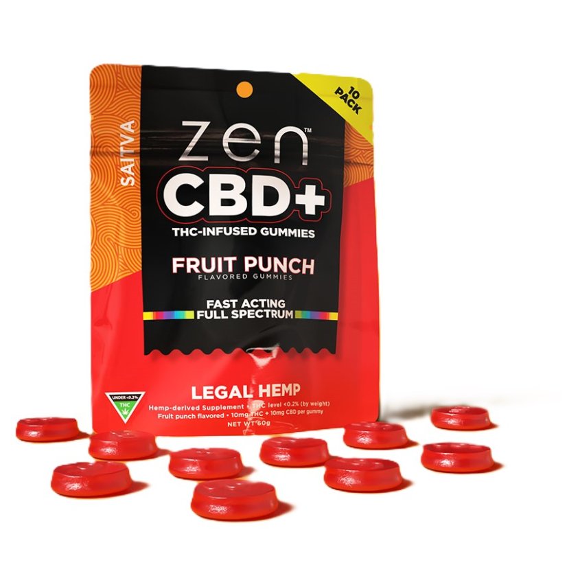 Zen CBD THC+ Gummies Fruit Punch Sativa, 10gab, 200mg (displejs 20 gab.)