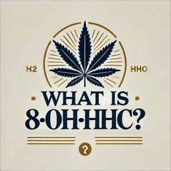 Конопено листо във фин златен кръг и текст: Какво представлява 8-OH-HHC?