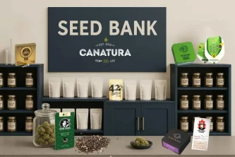 Банка за семена със семена от добре познати марки като Sensi Seeds, Royal Queen Seeds или Silent Seeds, с логото на Canatura Банка за семена със семена от добре познати марки като Sensi Seeds, Royal Queen Seeds или Silent Seeds, с логото на Canatura