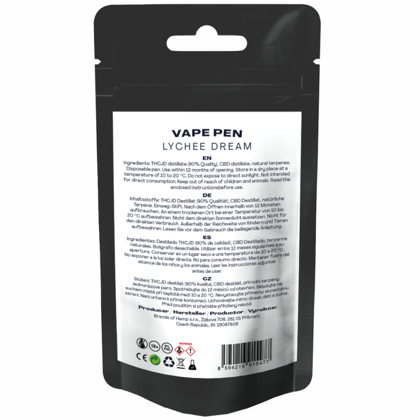 Canntropy THCJD Vape Pen Lychee Dream, THCJD 90% kvalitāte, 1 ml