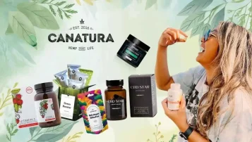 Prodotti a base di erbe e integratori di funghi, a sinistra una donna che assume un integratore, indicando una tendenza e un'opportunità, con il logo Canatura.