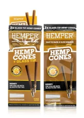 HEMPER King Size Cones + Glass Tip 2pk Honey, Display box 12 pcs