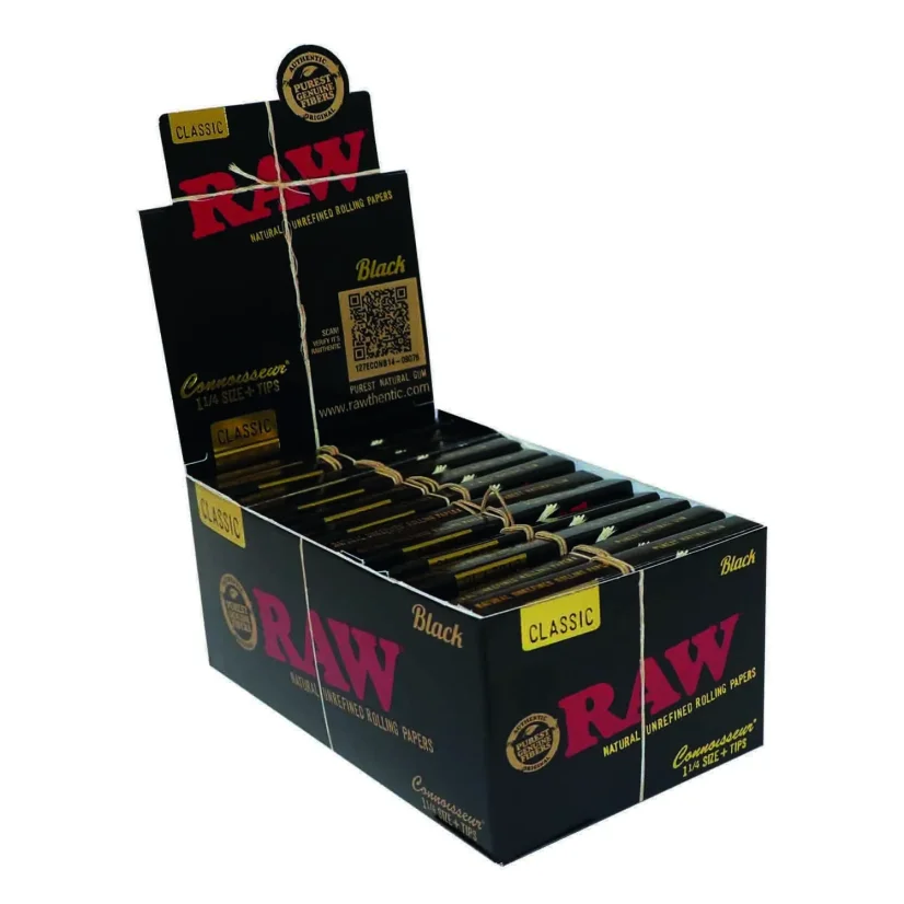 RAW Black Connoisseur 1¼ Ritināmie Papīri + Filtri - dabīgs nebalināts rīspapīrs, 32 lapiņas + 32 filtri/iepakojumā, 24 iepakojumi/Display kastē