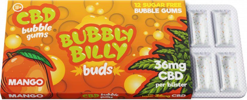 Bubbly Billy Buds košļājamā gumija ar mango garšu (36 mg CBD), 24 kastītes displejā, 408 g