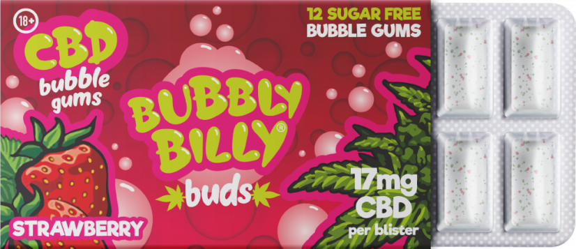 Bubbly Billy Buds košļājamā gumija ar zemeņu garšu (17 mg CBD) 24 kastītes displejā, 408 g