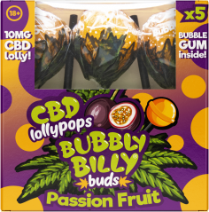 Bubbly Billy Buds 10 mg CBD pasifloru augļu konfektes ar košļājamo gumiju iekšpusē – dāvanu kastīte (5 konfektes), 12 kastes kartona kastītē, 1020 g
