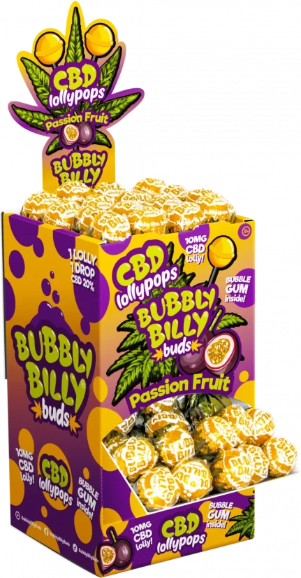 Bubbly Billy Buds 10 mg CBD pasifloru konfektes ar burbuļvannu iekšpusē — displeja konteiners (100 konfektes), 1800 g