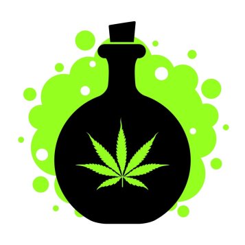 白い背景に緑の大麻の葉と緑の煙が描かれたボトルのアイコン
