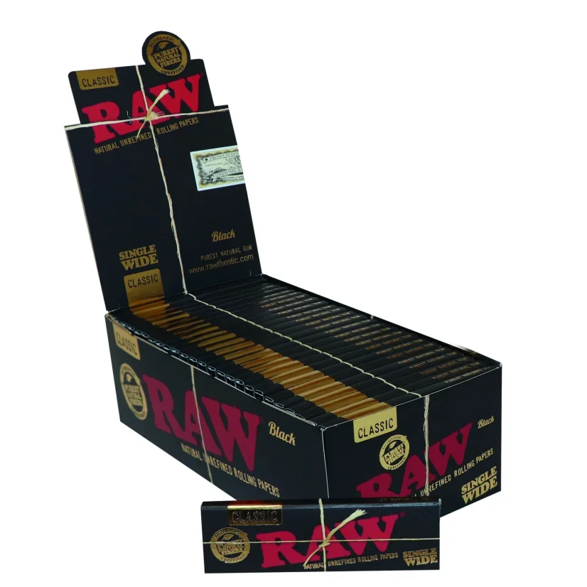 RAW Black Classic Single Wide Rolling Papers - natural unrefined rolling papers, 50 leaves/pack, 50 packs/Display Box