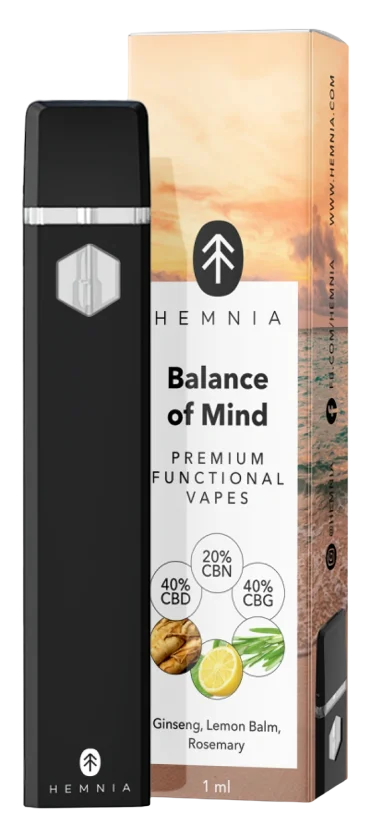 Hemnia Premium Functional Vape Pen Balance of Mind - 40 % CBD, 40 % CBG, 20 % CBN, ginseng, sitruunamelissa, rosmariini, 1 ml