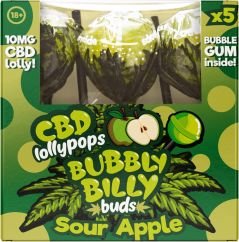 Bubbly Billy Buds 10 mg CBD Sour Apple Lollies with Bubblegum Inside – Gift Box (5 Lollies), 12 boxes in carton, 1020 g