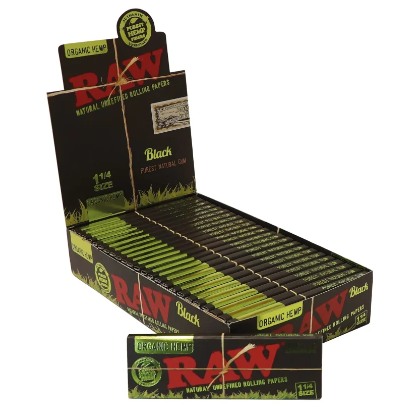 RAW Black Organic Hemp 1¼ Rullējamie papīri - dabīgs neapstrādāts rullējamais papīrs, 50 loksnes/iepakojumā, 24 iepakojumi/Display Box