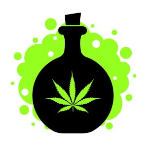 Bottle icon with green cannabis leaf and green smoke on white background Bottle icon with green cannabis leaf and green smoke on white background