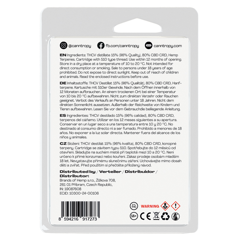 Canntropy THCV Cartridge Super Lemon Haze live resin terpenes, THCV 96% quality, 1 ml
