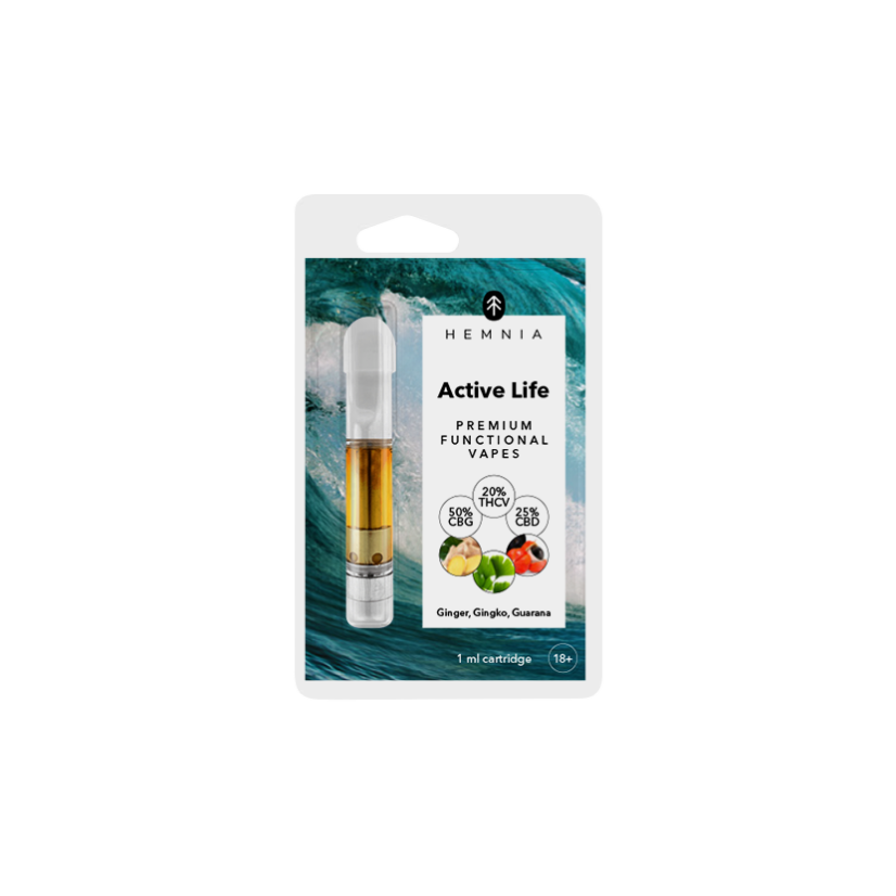 Hemnia Active Life -  Cartridge, 50 % CBG, 20 % THCV, 25 % CBD, Ginger, gingko biloba, guarana, 1 ml