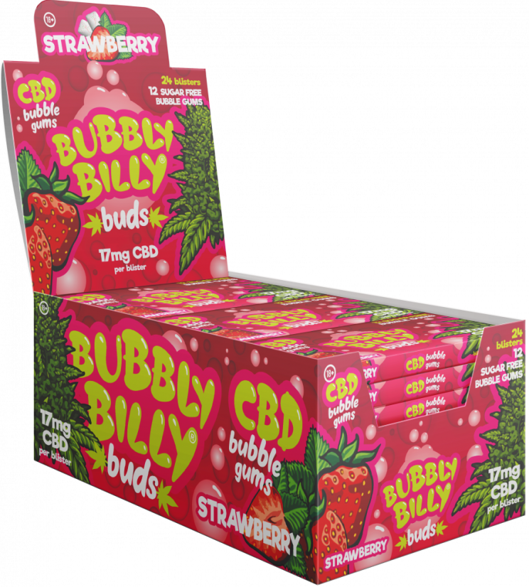 Bubbly Billy Buds košļājamā gumija ar zemeņu garšu (17 mg CBD) 24 kastītes displejā, 408 g