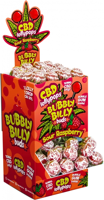 Bubbly Billy Buds 10 mg CBD skābo aveņu konfektes ar burbuļvannu iekšpusē – displeja konteiners (100 konfektes), 1800 g