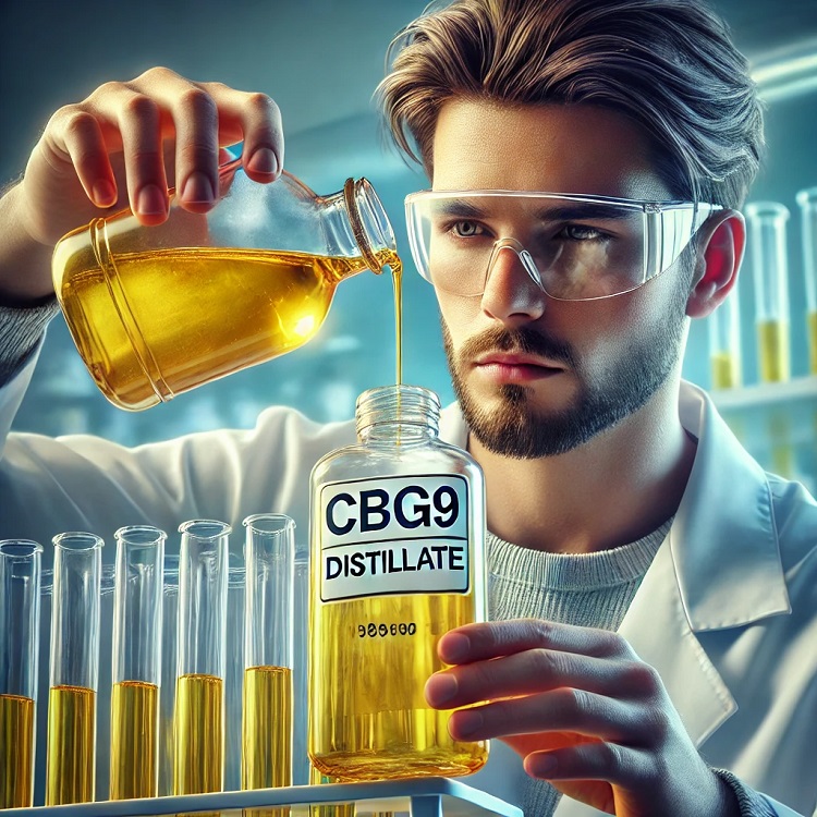 Cientista a deitar a forma líquida de CBG9 numa garrafa com o rótulo: CBG9 distillate